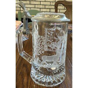 Domex Beer Stein Etched Glass W/‎ Deer Bucks Trees 5.75” Pewter Lid FLAW